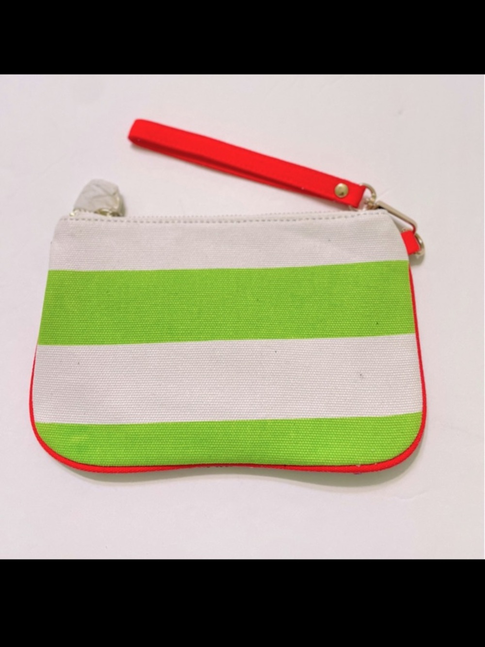 Deux Lux Wristlet Silver Sequin Reverses to Green White Wide Stripes